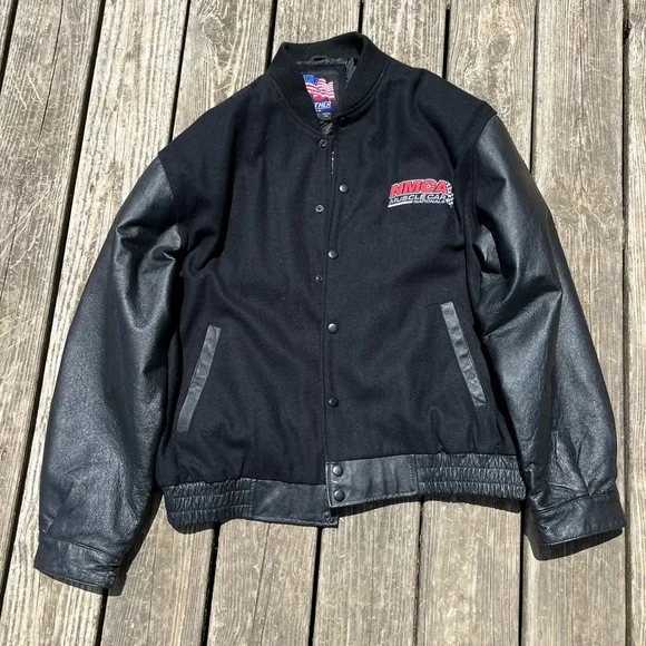 Vintage NMCA Muscle Car Leather & Wool Black Bomber Varsity Coat Jacket Size XL